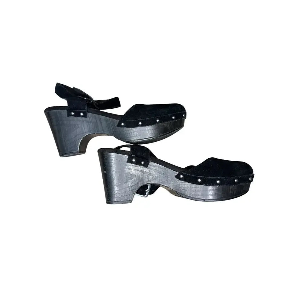 House of Harlow 1960 Black Suede Studded Clog Sandals Platform Ankle Strap Heels